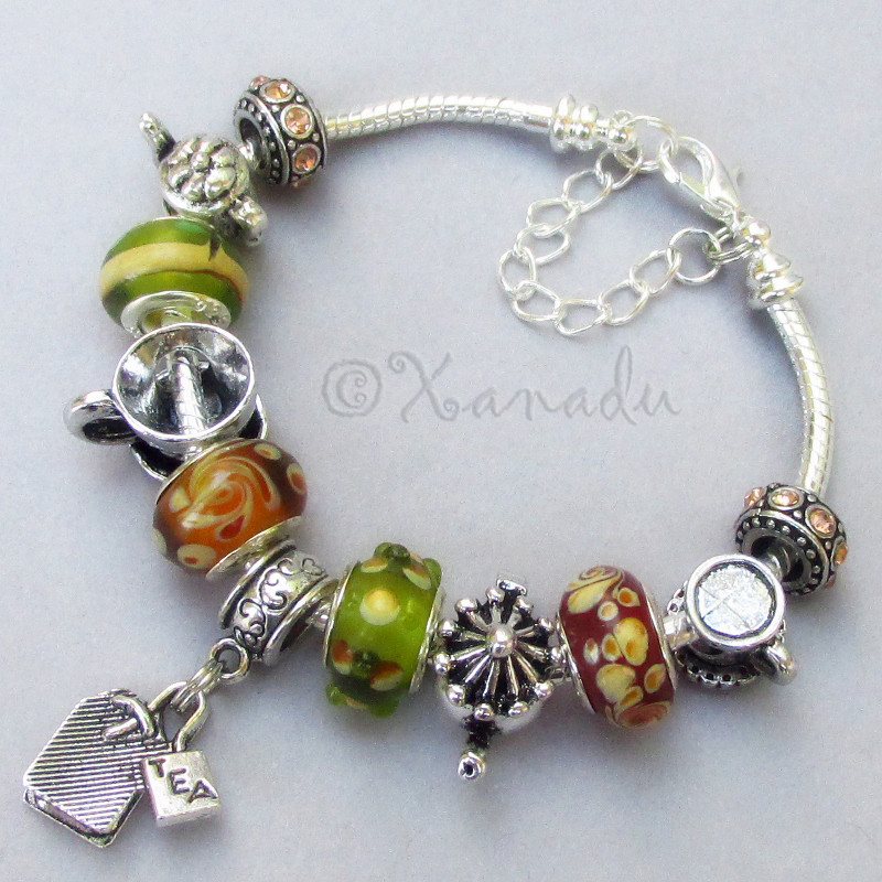 Colors Of Tea European Charm Bracelet – Green, Red, Gold Beads With Tea Charms