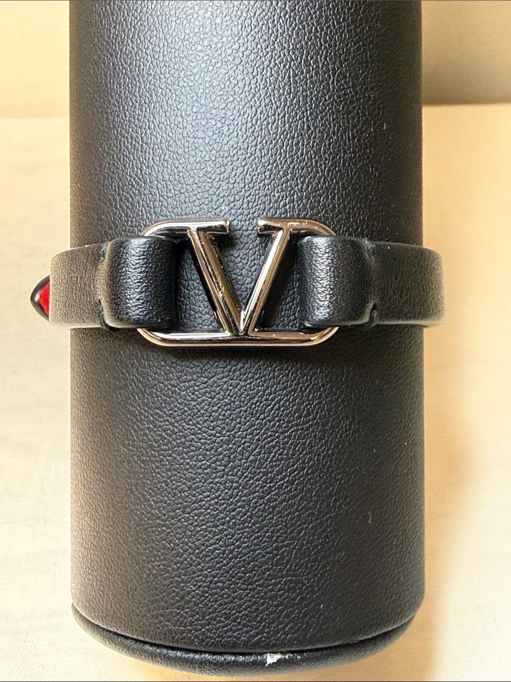 Valentino Garavani V Logo Leather Bracelet Black Red Bicolor Size 16cm