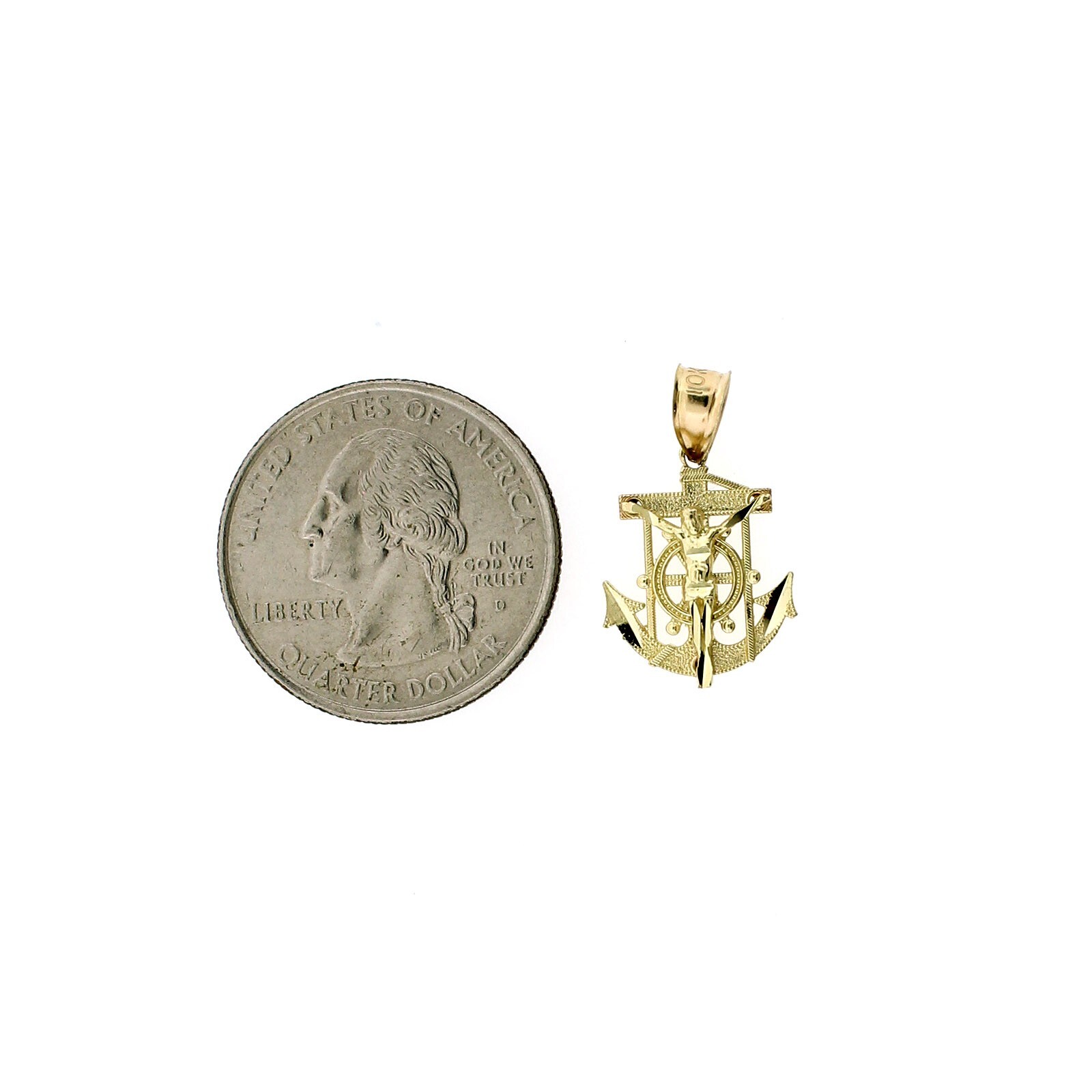 Real 10K Yellow Gold Small Anchor Cross Pendant Diamond Cut Jesus Crucifix Charm