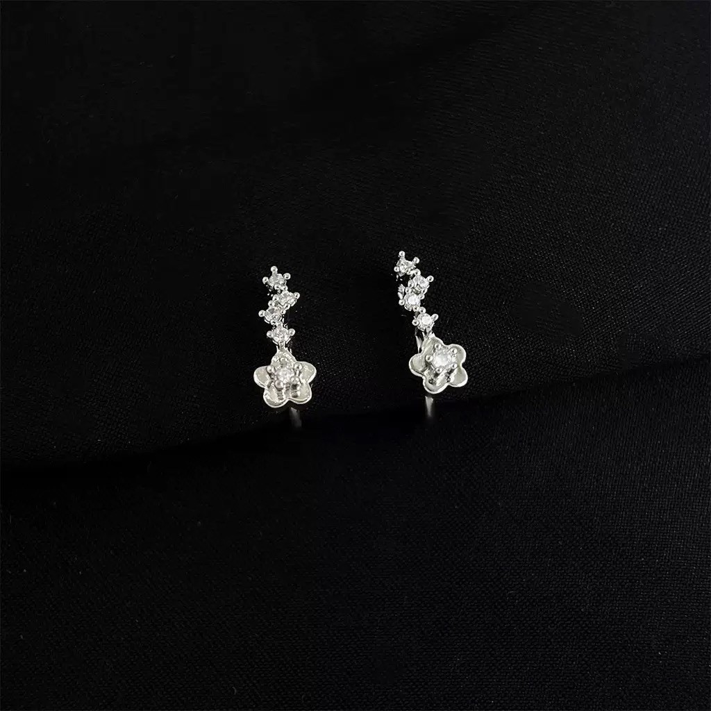 925 Silver Flower Drop Stud Earrings Minimalist Tiny CZ Floral Stud Earrings C68