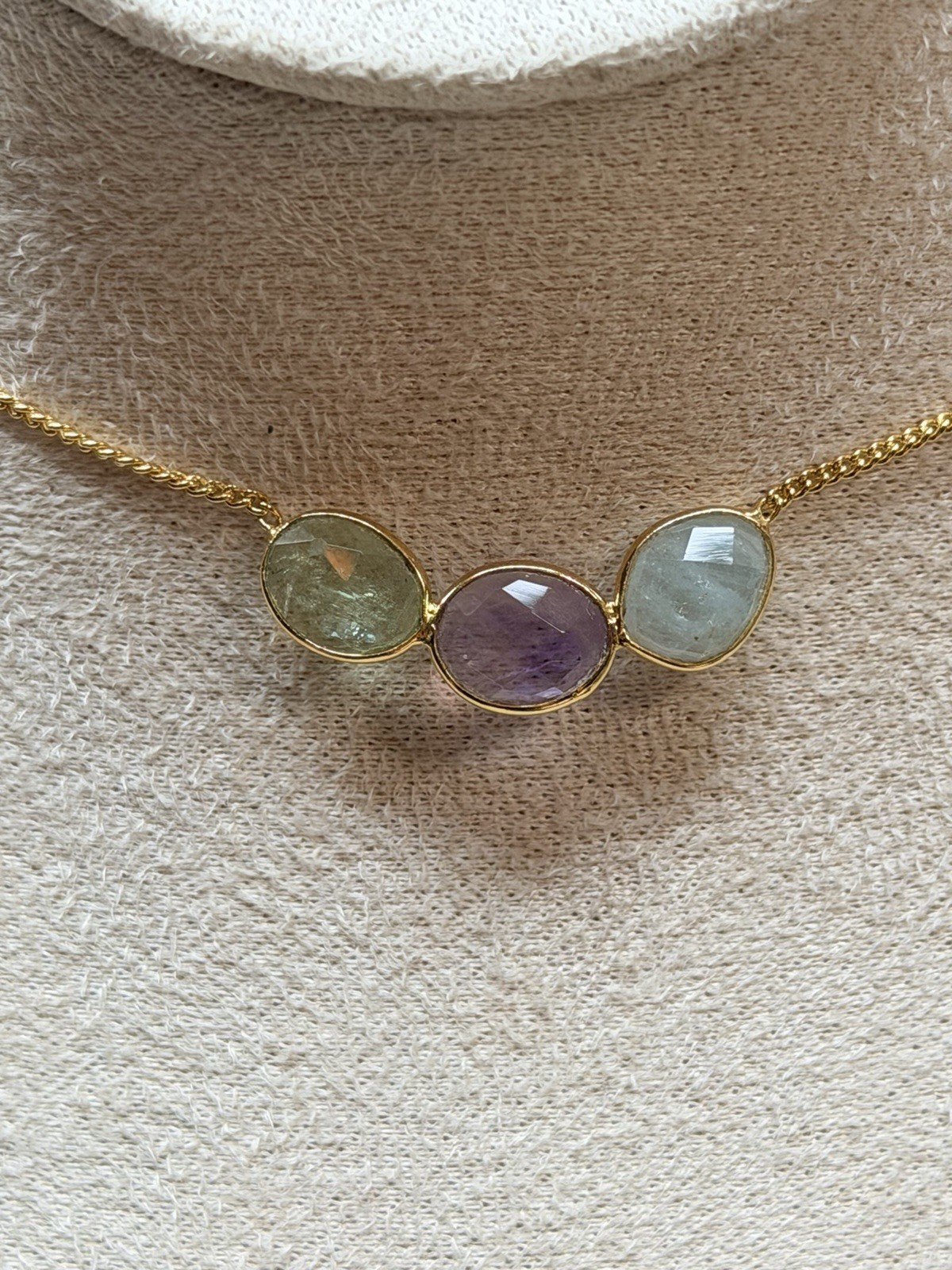 18K Gold Plated Three-Stone Necklace – Green, Purple, Blue