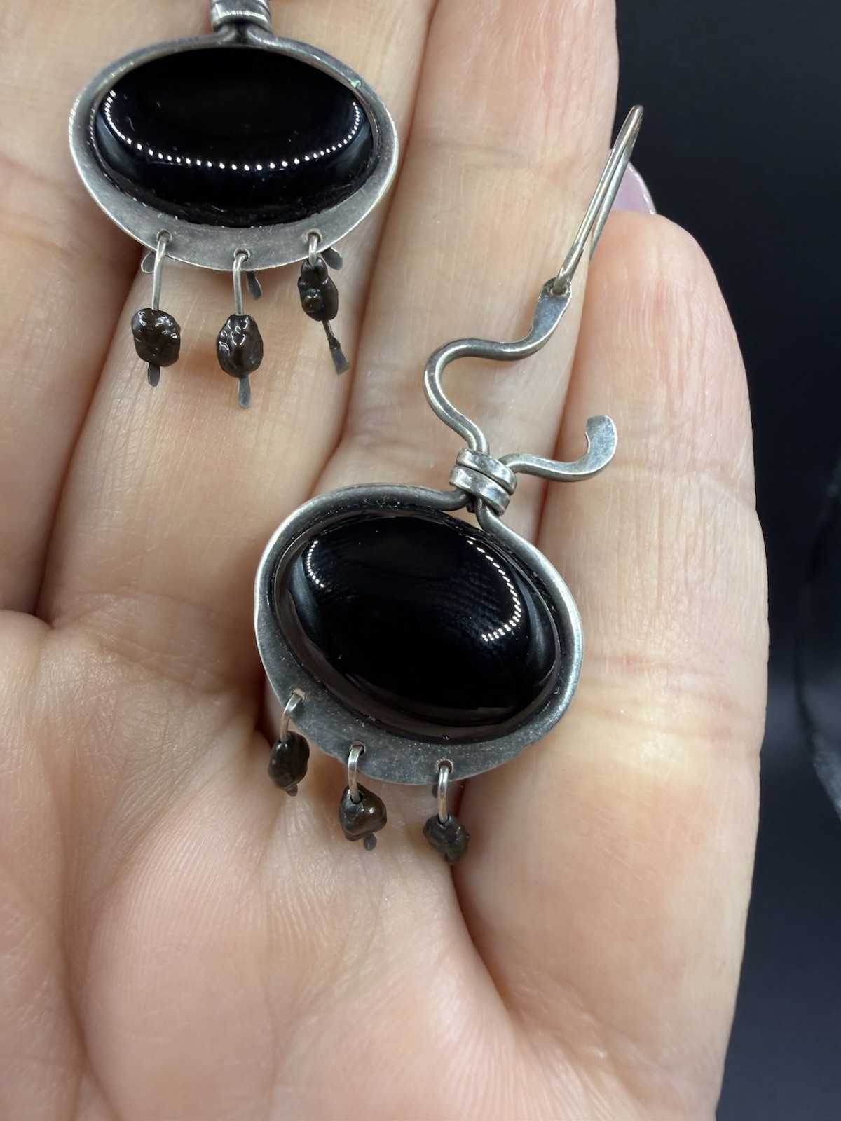 Black Onyx Dangle Ellipse Cabochon Silver Drop Earrings