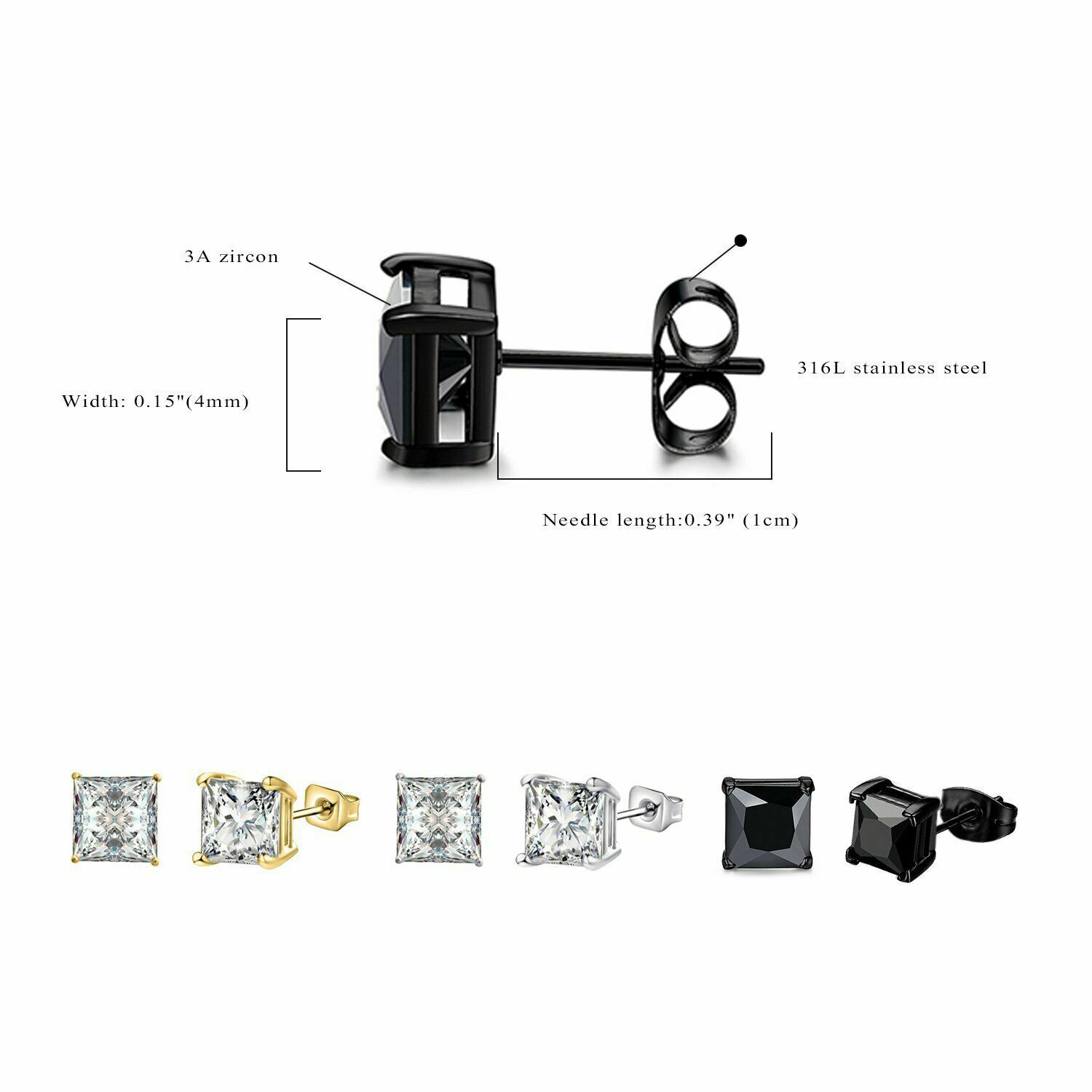 3Pairs Stainless Steel Square Cut CZ Ear Stud Earrings Mens Womens 3mm-8mm Set