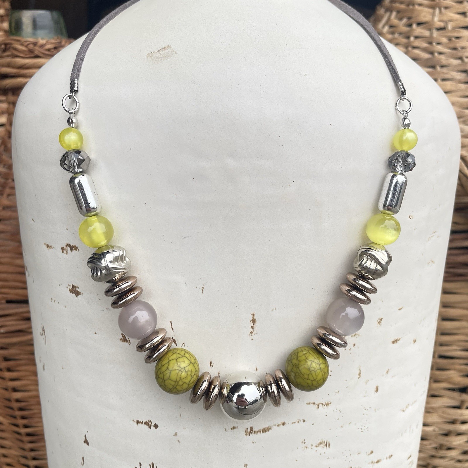 Boho Mixed Media Beaded Necklace Chartreuse Lime Yellow Lavender Silver Tone 18″