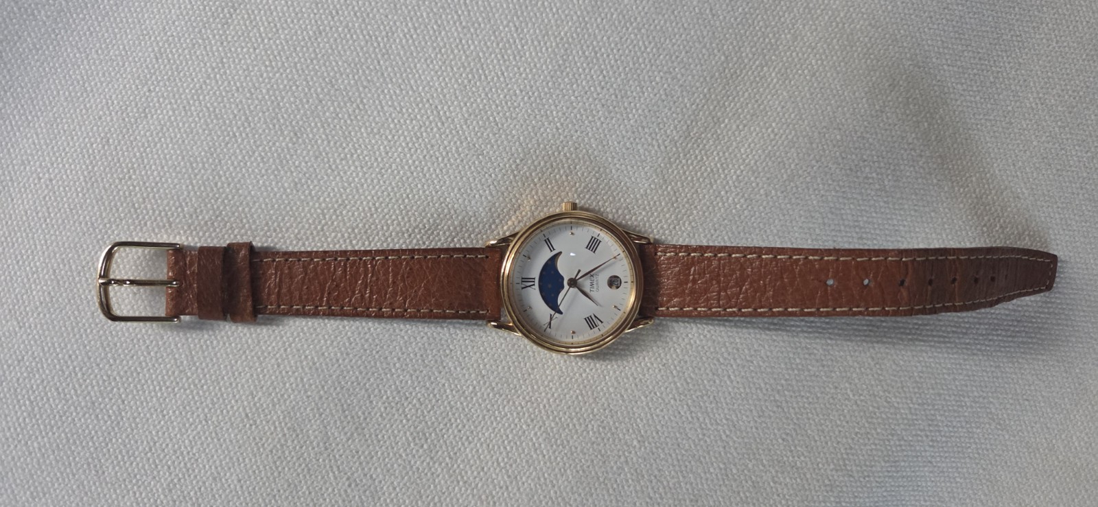 Vtg Timex Moon Phase Date Watch Unisex Gold Tone New Tan Leather Band Men’s
