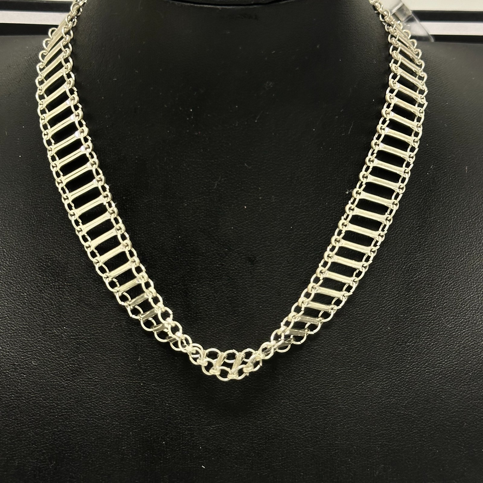 Bar Link Chain Necklace Silver Tone Collar Choker Adjustable Length 12″