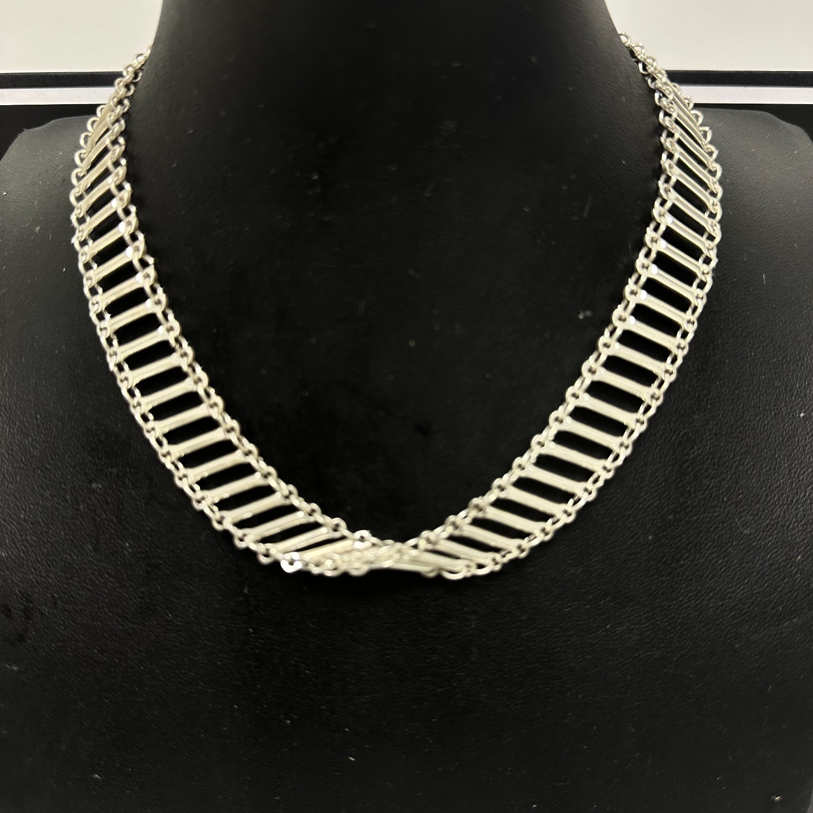 Bar Link Chain Necklace Silver Tone Collar Choker Adjustable Length 12″