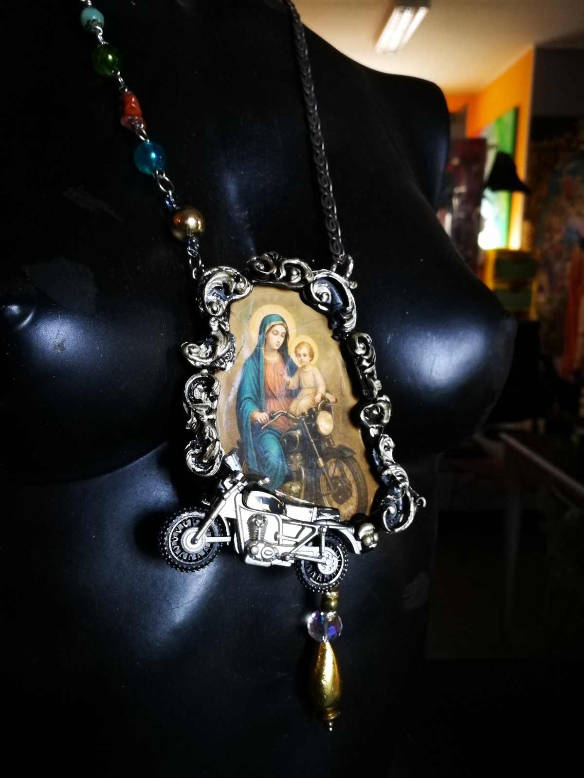 Vintage Assemblage Jewelry Necklace Pendant Baroque Pop Religion Motorcycle Fans