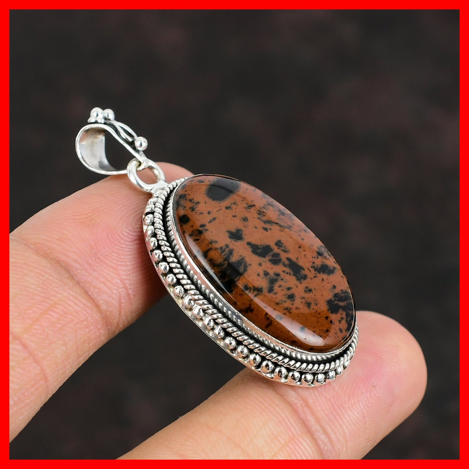 925 Sterling Silver Oval Root Chakra Mahogany Obsidian Stone New Pendant Jewelry