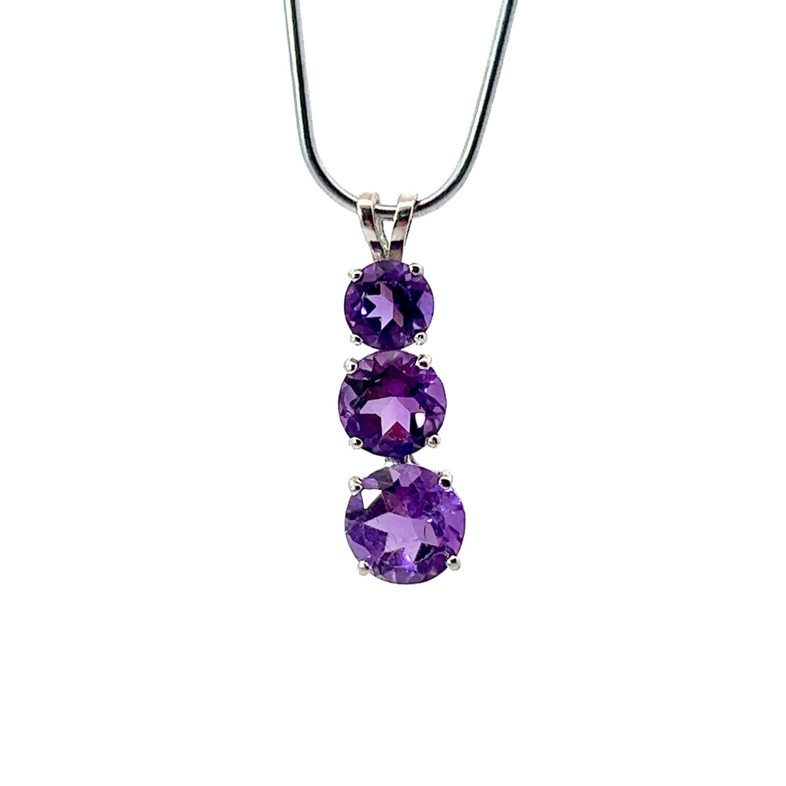 Sterling Silver 2.50ct Round Natural Amethyst 3-Stone 22.1mm Pendant