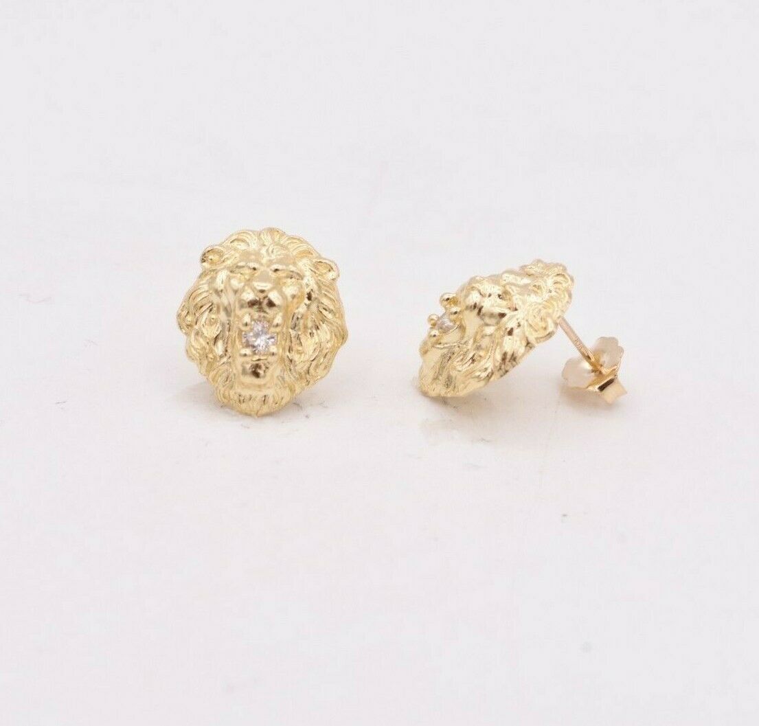 Roaring Lion Head CZ Stud Earrings Real Solid 10K Yellow Gold 2.00 grams