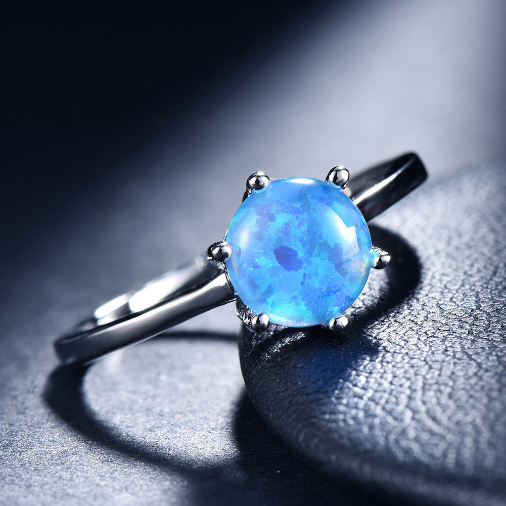 Simple Round Design 6MM Rainbow Blue Fire Opal Silver Woman Ring US Size 6-10