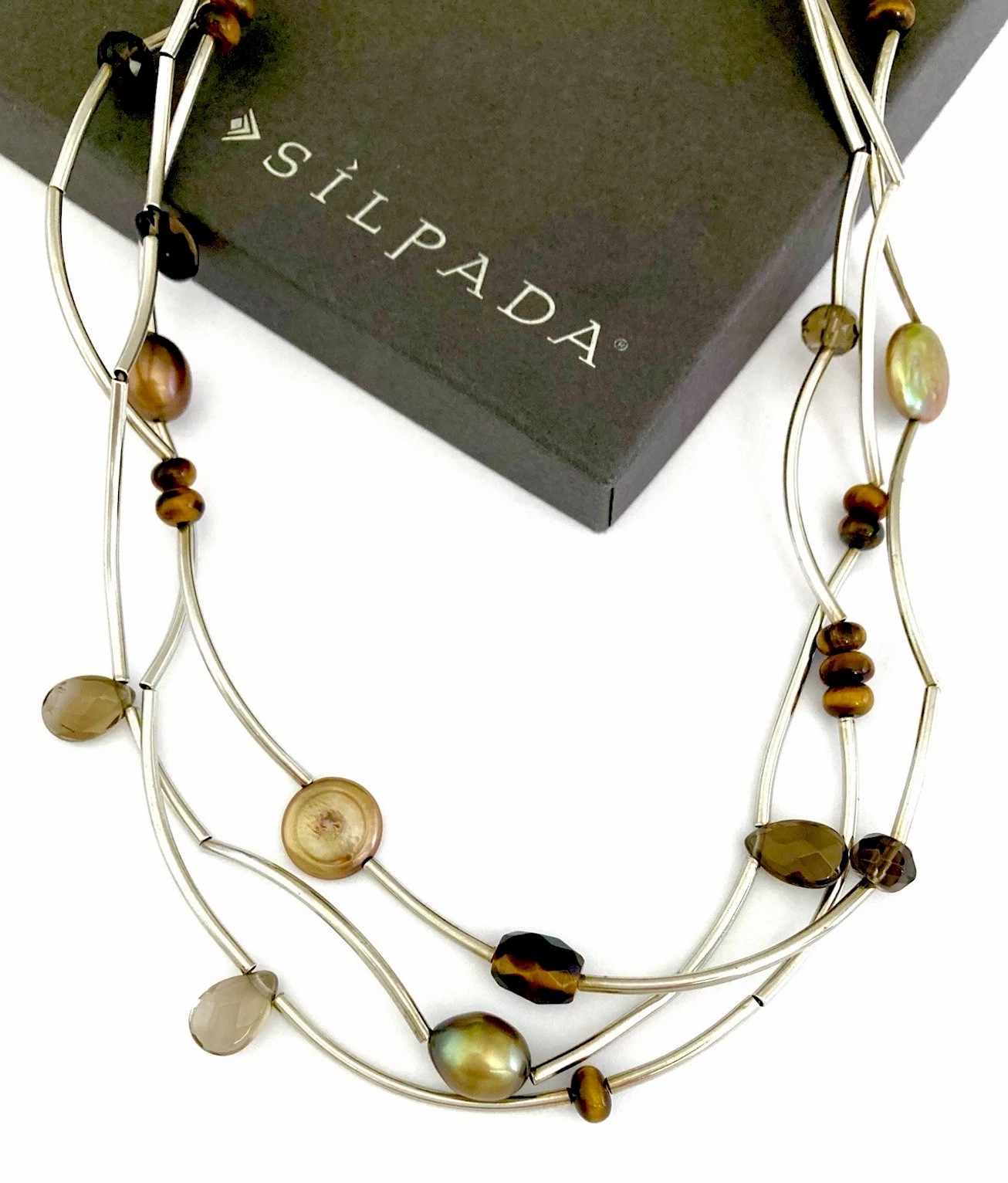 SILPADA Sterling Silver TUBE BEAD-PEARL-SMOKY QUARTZ-TIGER’S EYE Necklace~#N2264