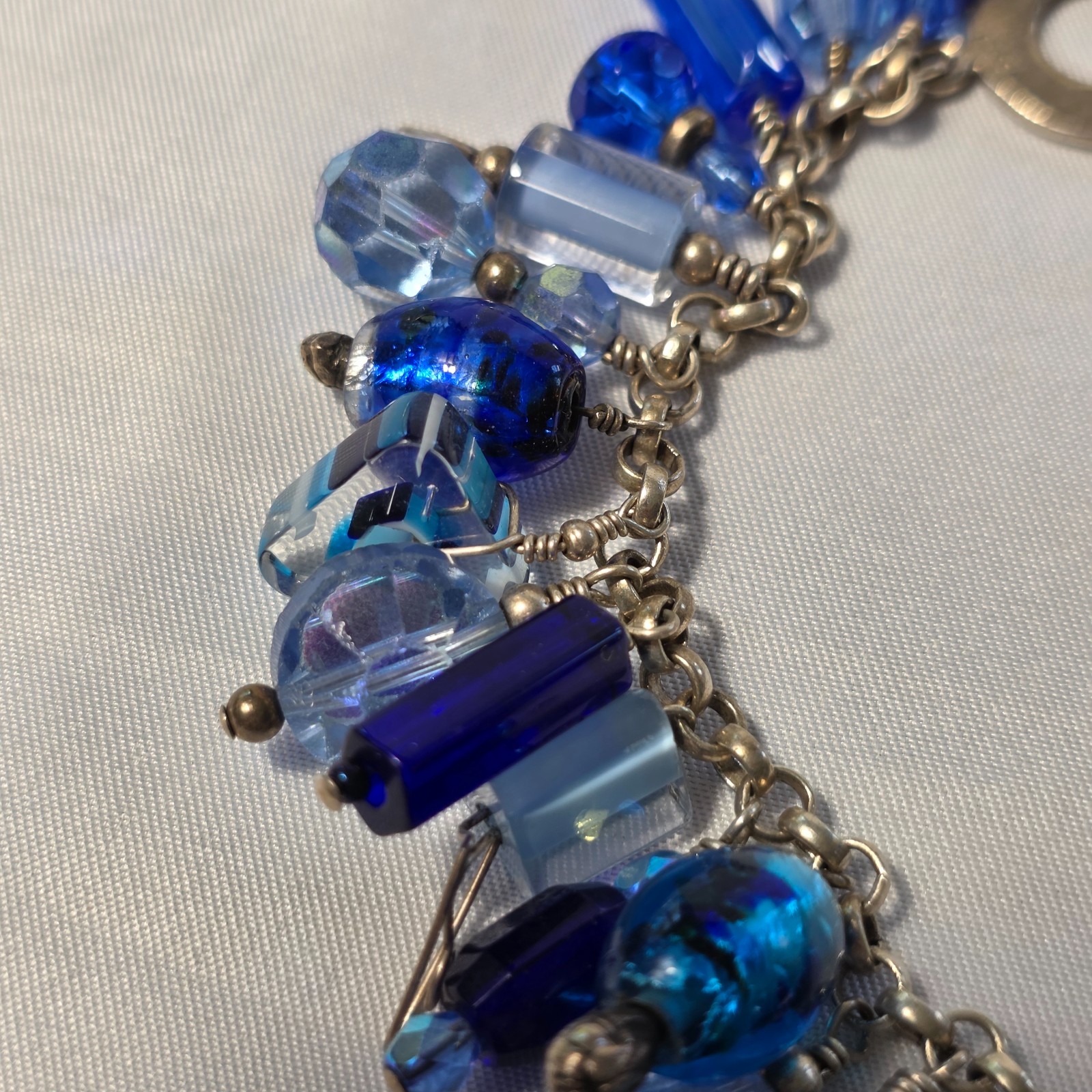 925 Sterling Silver Beaded Dangle Bracelet Cobalt Blue & Light Blue Glass Beads