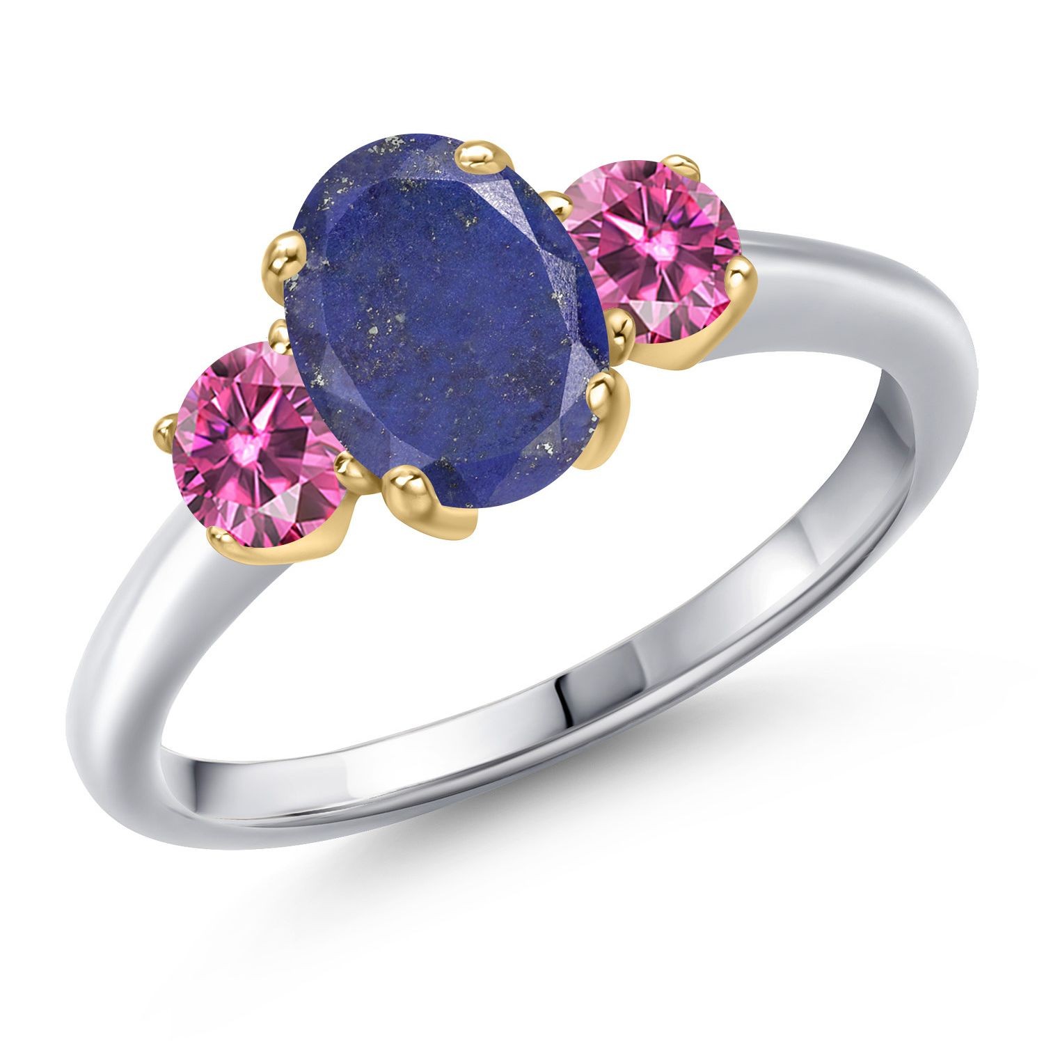 925 Silver and 10K Yellow Gold Blue Lapis and Pink Moissanite Engagement Ring