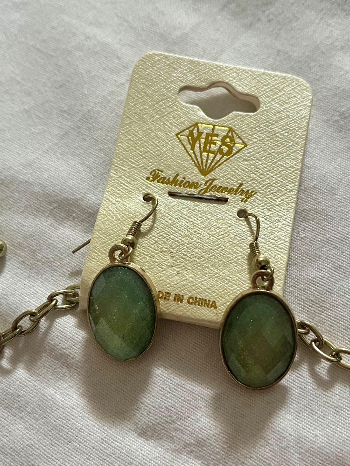 YES Green & Blue Dangle Stones Gold Necklace & Pierced Earring Set NEW ret $40