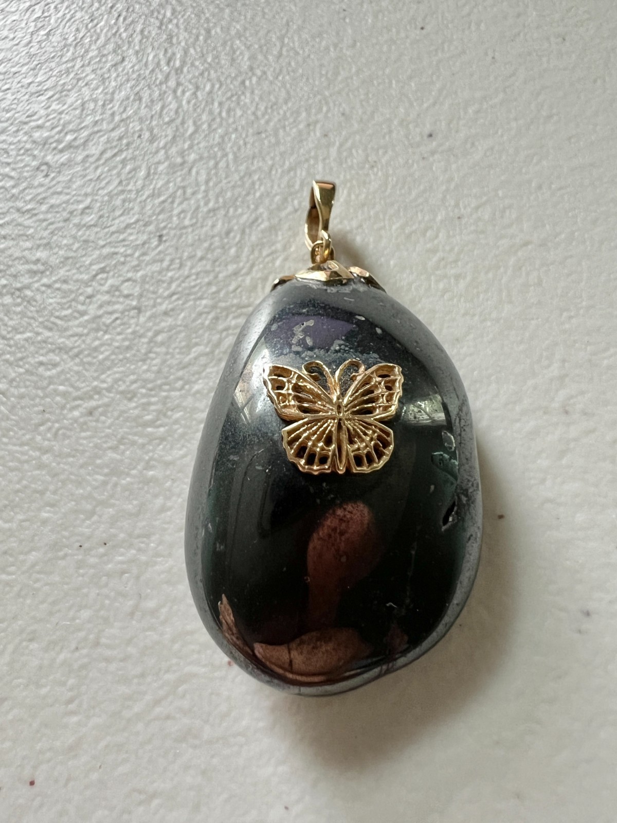 14K bale & butterfly hematite stone pendant 1 3/4 inches x 1.0 inch