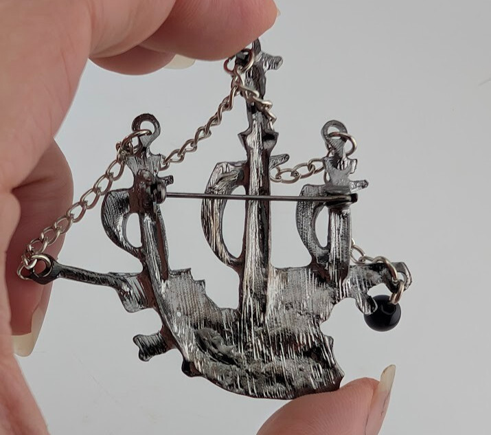 BLACK PIRATE SHIP BROOCH tall boat rhinestone silver nautical steampunk pin 2W