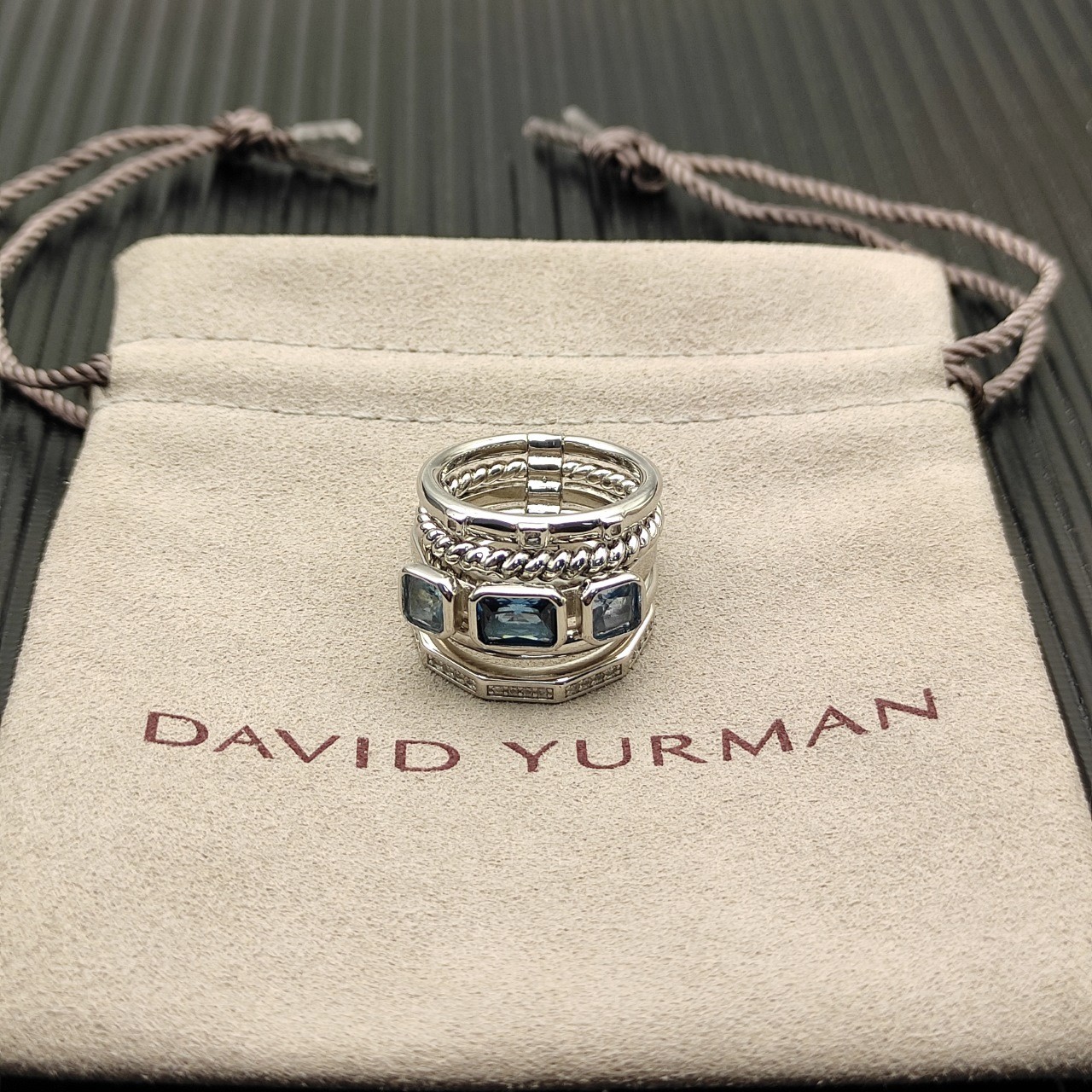 David Yurman 925 Silver Blue Topaz Diamond Multi Band Wrap Stack Ring sz 9