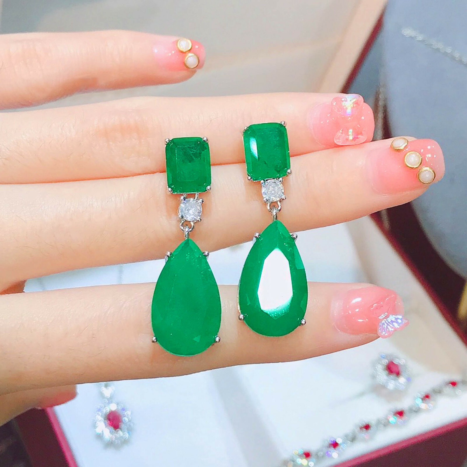 New Hotsale Neon Blue Tourmaline Gems Fashion Women Silver Stud Dangle Earrings
