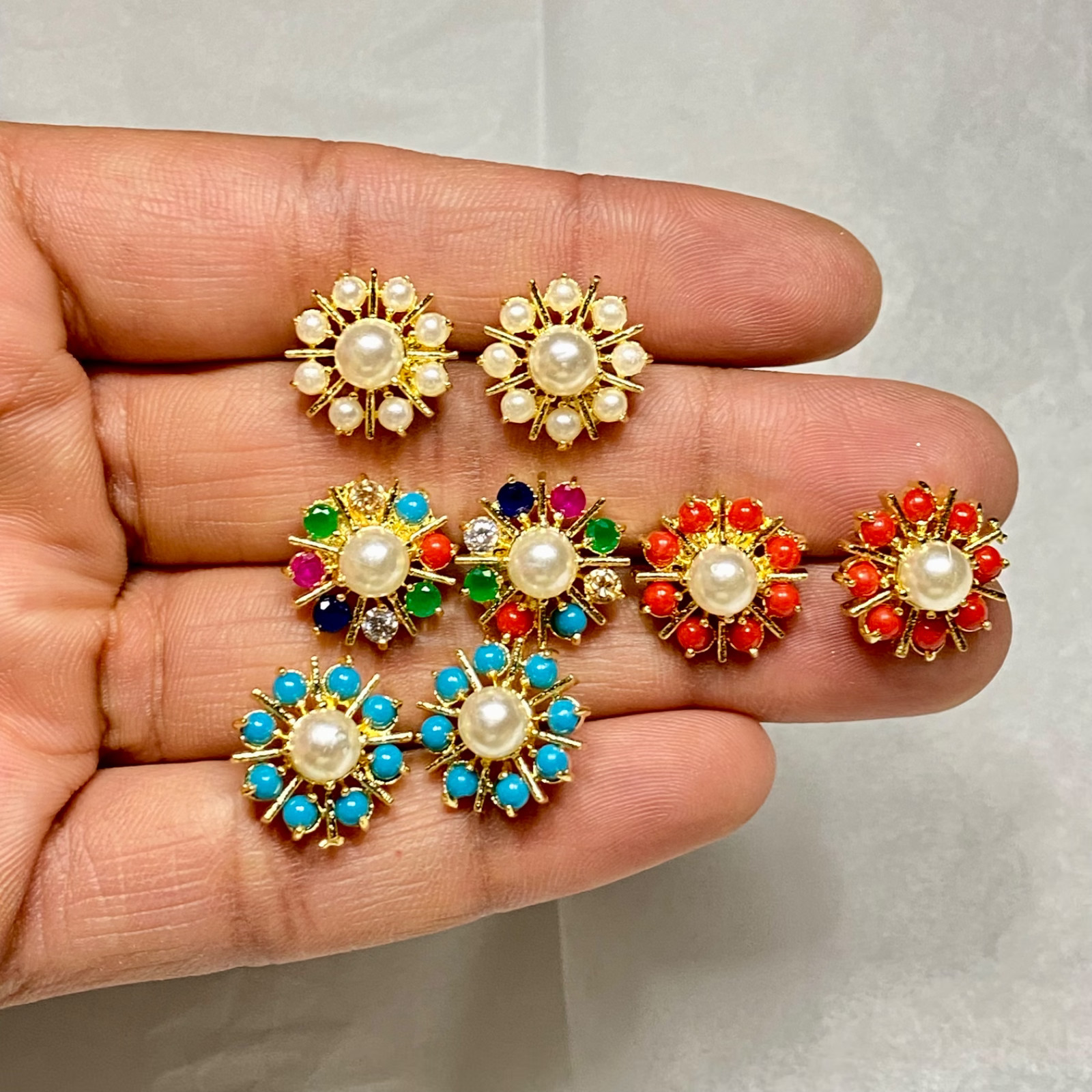 Handmade Turquoise, Coral & Pearl Gem Stud Earrings Set | Gold Plated Jewelry