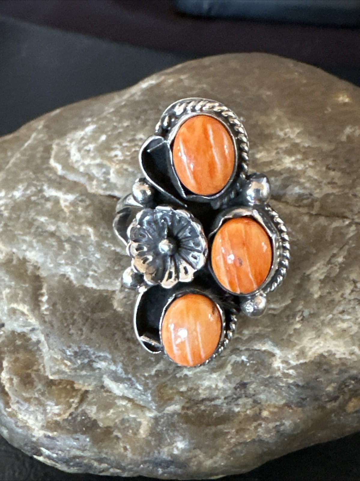 Orange Spiny Oyster Cluster Navajo Sterling Silver Ring Size 6.5 19185