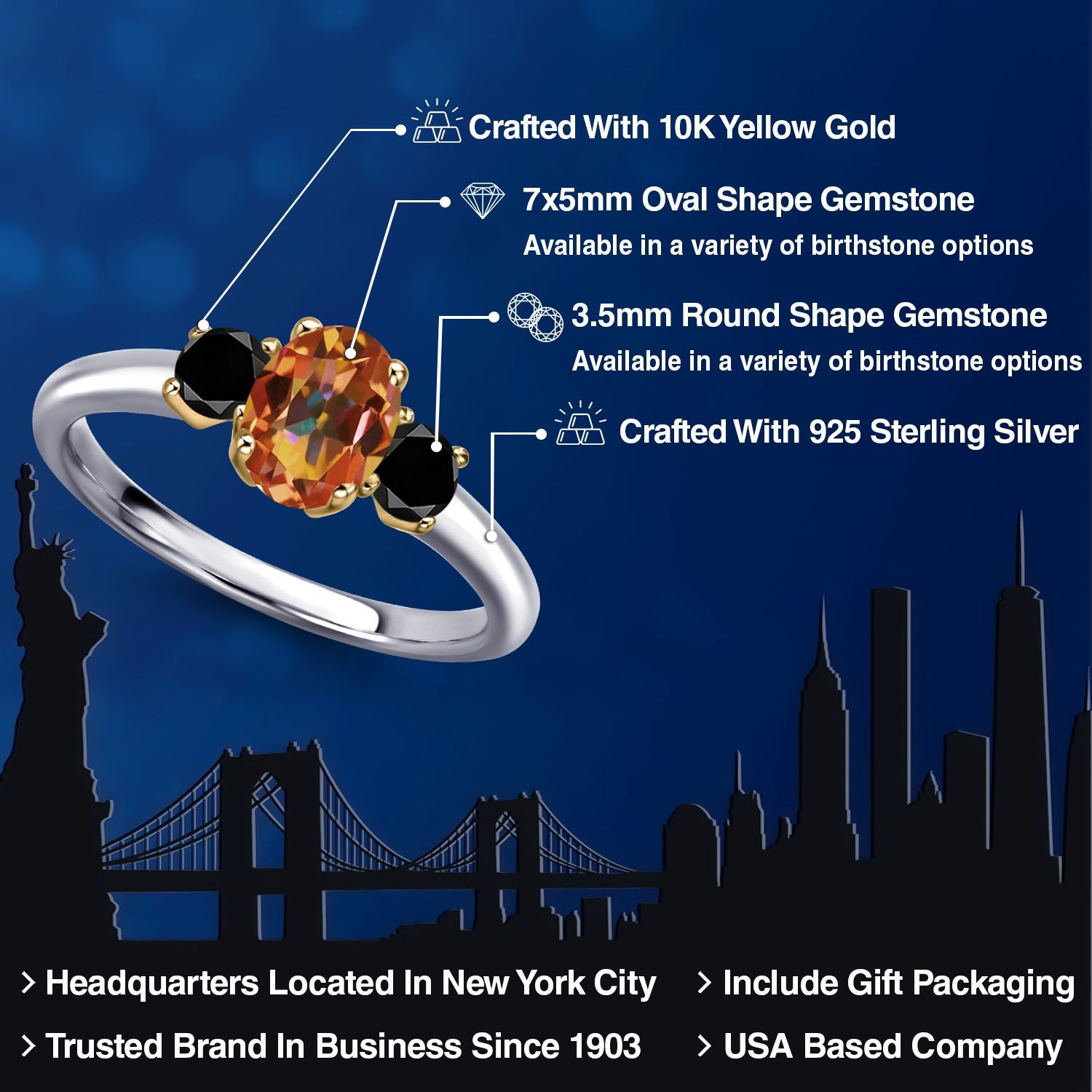 925 Silver and 10K Yellow Gold Ecstasy Mystic Topaz and Black Diamond