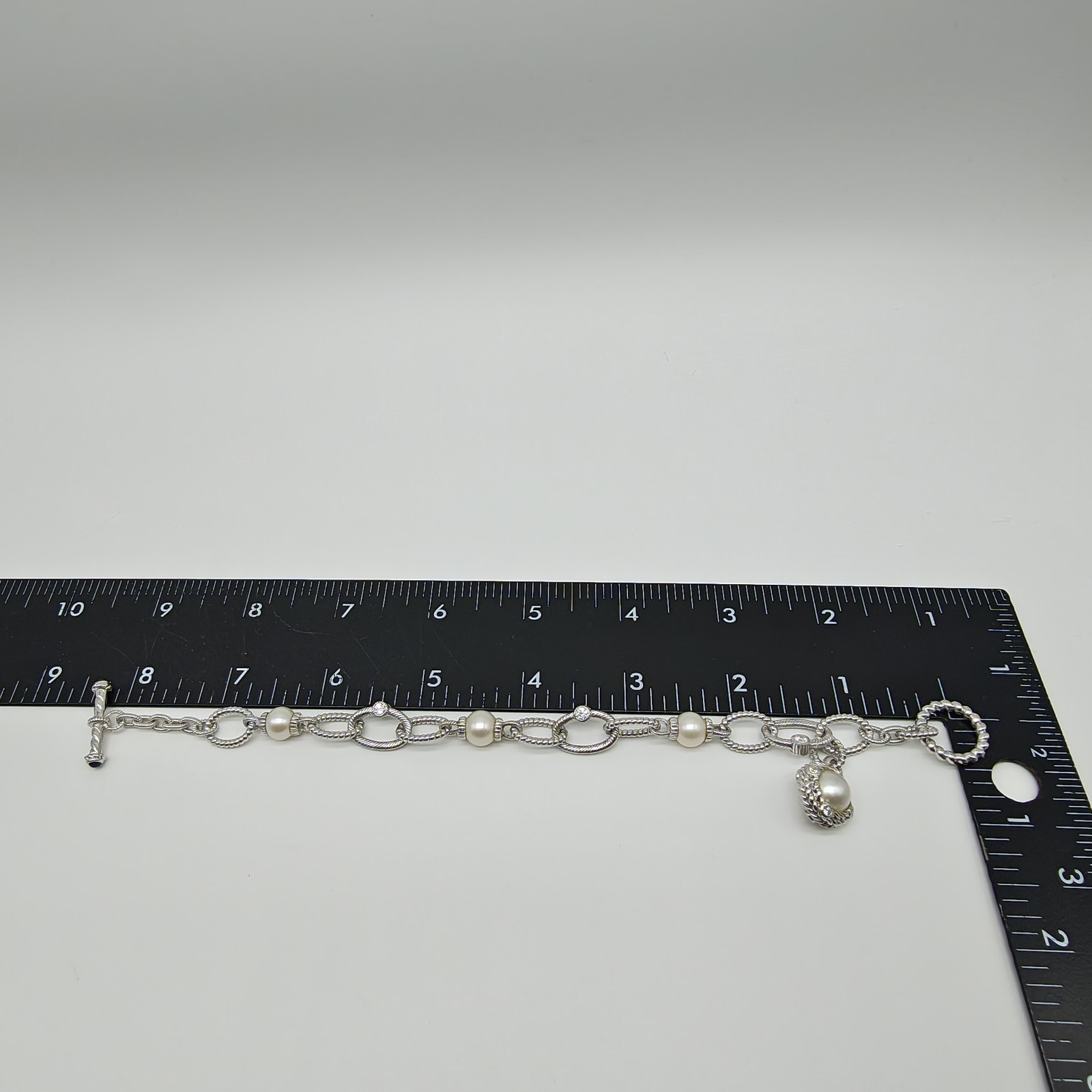 QVC Judith Ripka Sterling Silver 925 Pearl & CZ Station Bracelet 8.25″