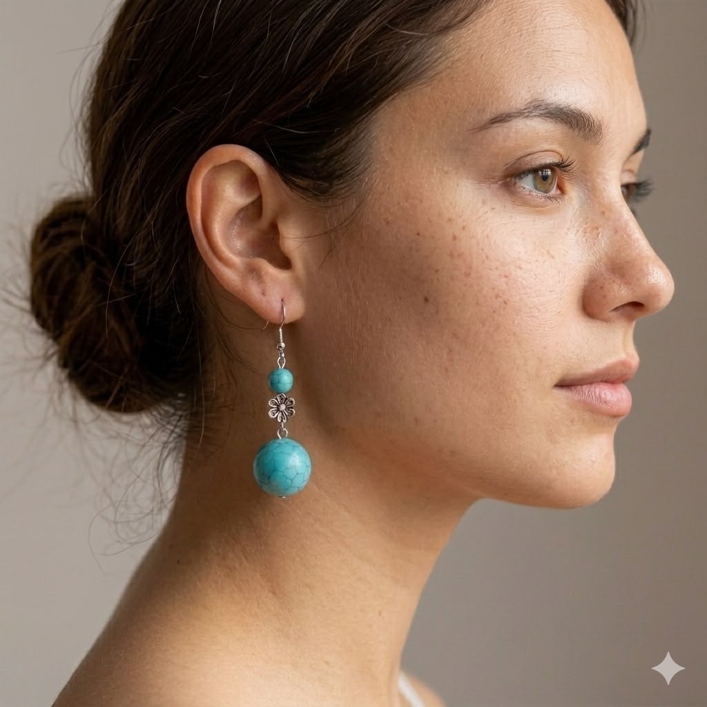 Women’s turquoise ball shaped earrings stainless steel hook synthetic stone Boho