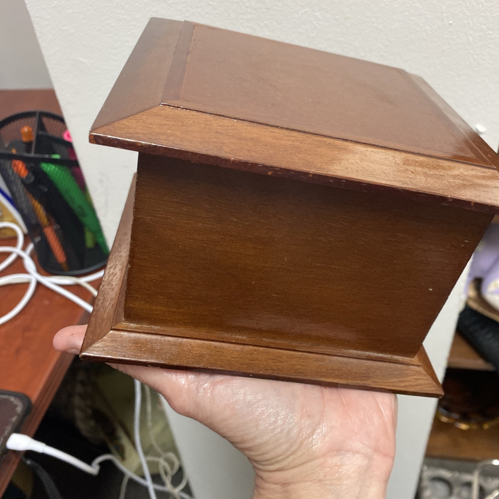 Wooden Jewelry Box 6x6x4″ Hinged Lid Two Levels Mirror Green Velvet Interior