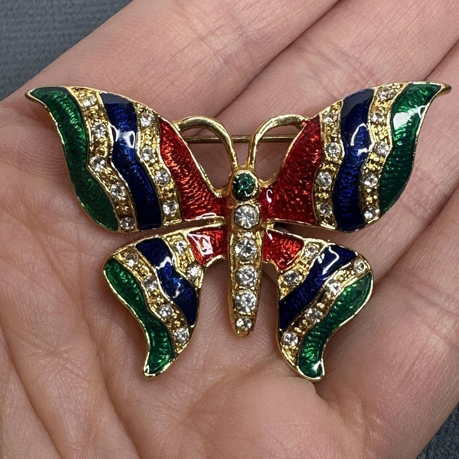 Vintage Butterfly Enamel Brooch Pin Gold Tone Red Blue Green Rhinestones Shiny