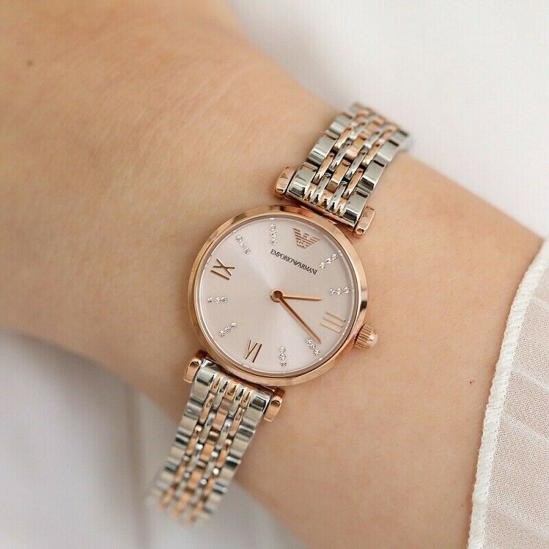 EMPORIO ARMANI GIANNI T-BAR SILVER/ ROSE GOLD WOMENS LADIES QUARTZ WATCH AR11223