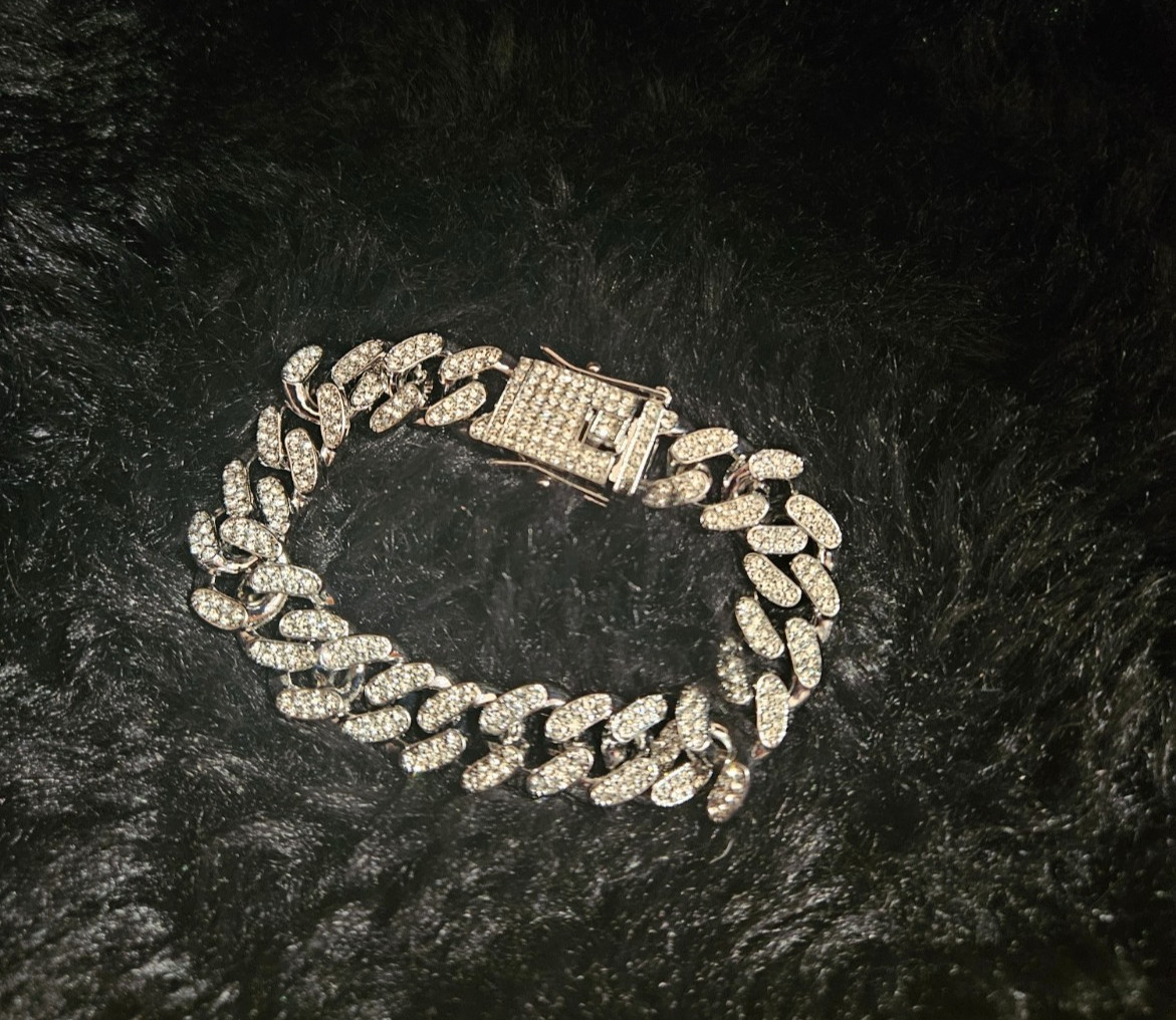 CUBAN LINK CUBIC ZIRCONIA ENCRUSTED STERLING/STAINLESS 7.36 inch BRACELET