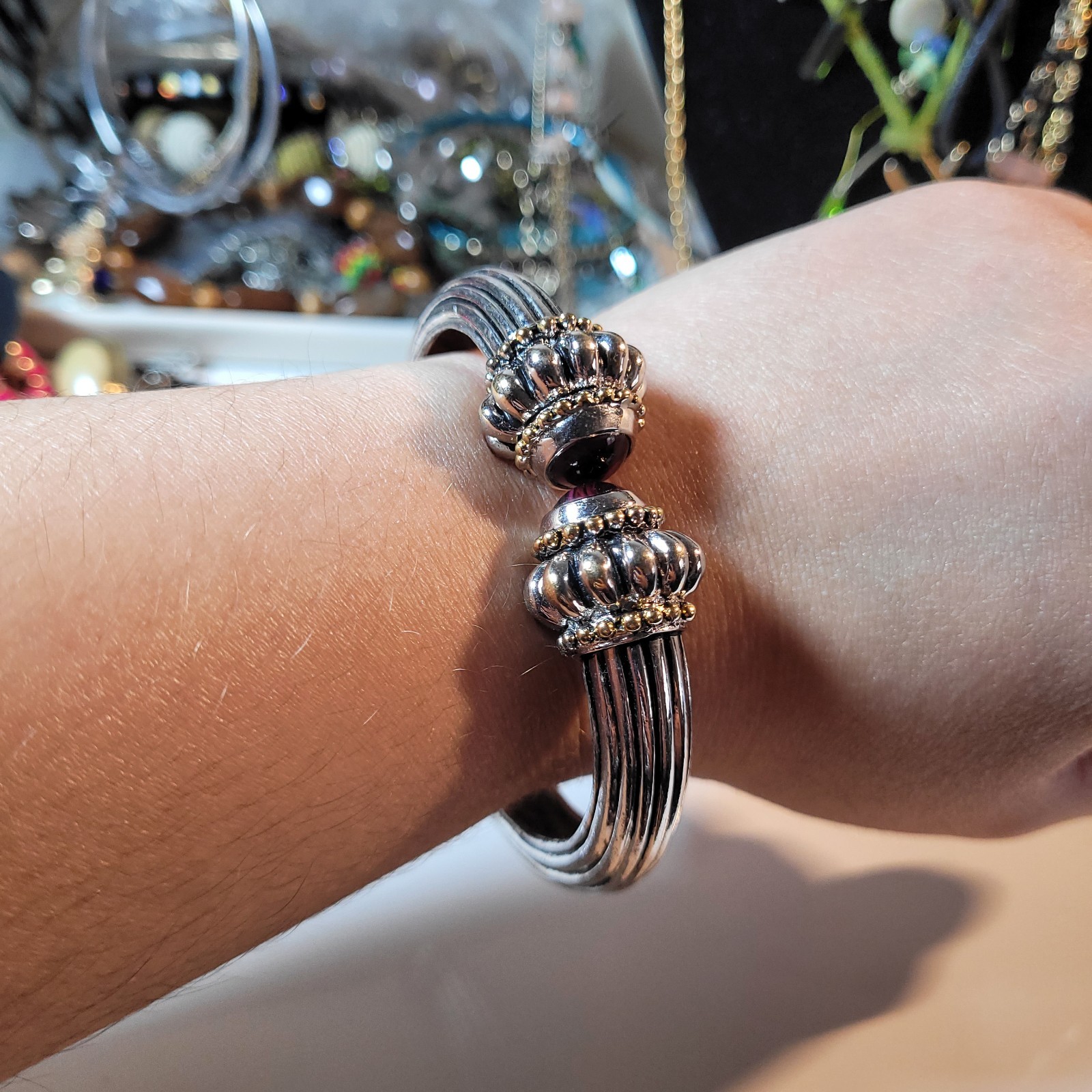 Vintage Heavy Silver And Gold Hinged Bangle Bracelet With Dark Burgundy Stones