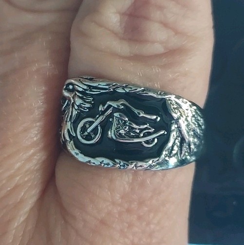 Silver Plated Zinc Eagle And Motorcycle Design Ring Size 10
