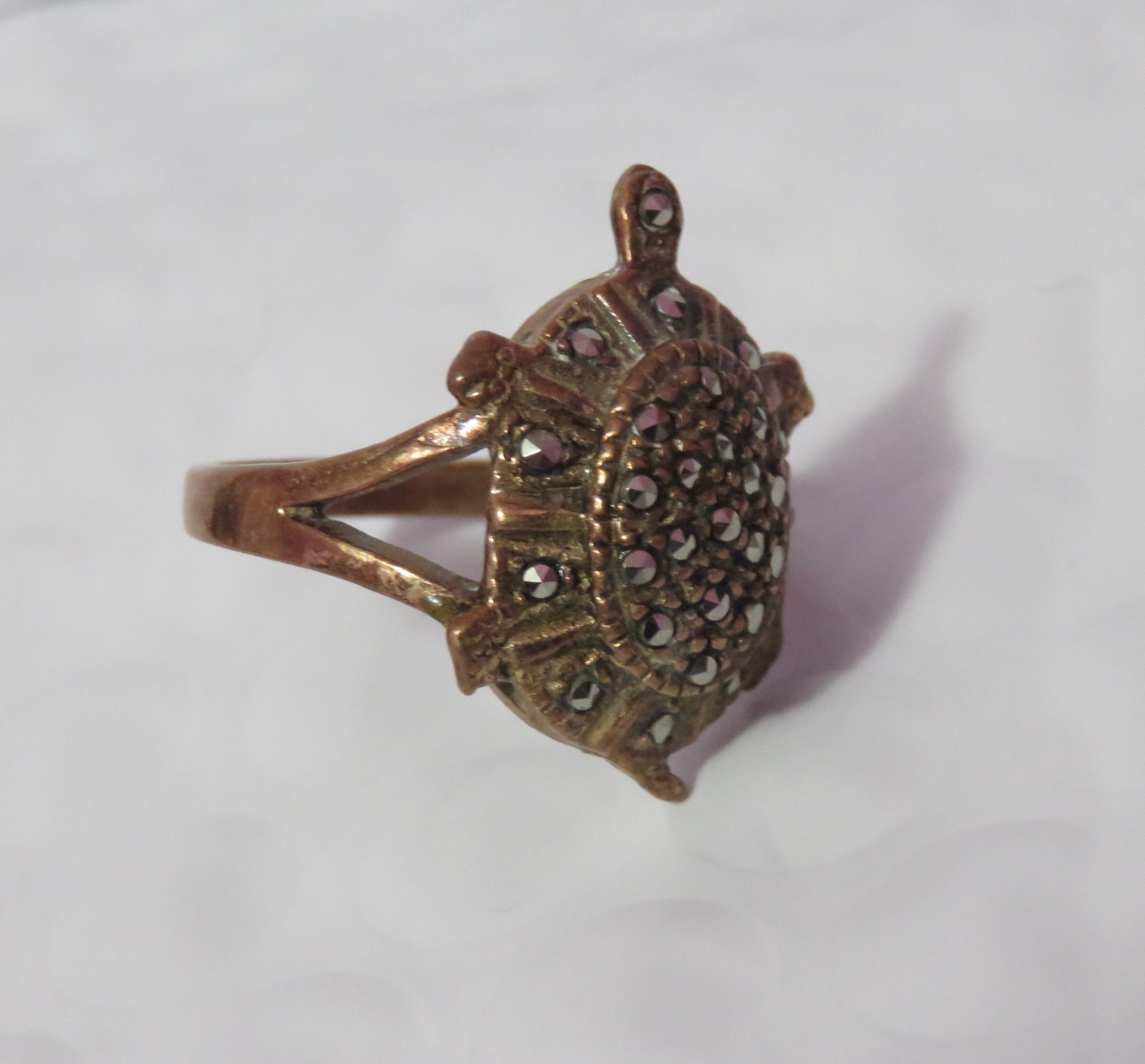 ANTIQUE BRASS OR COPPER & MARCASITE TURTLE RING SZ. 8