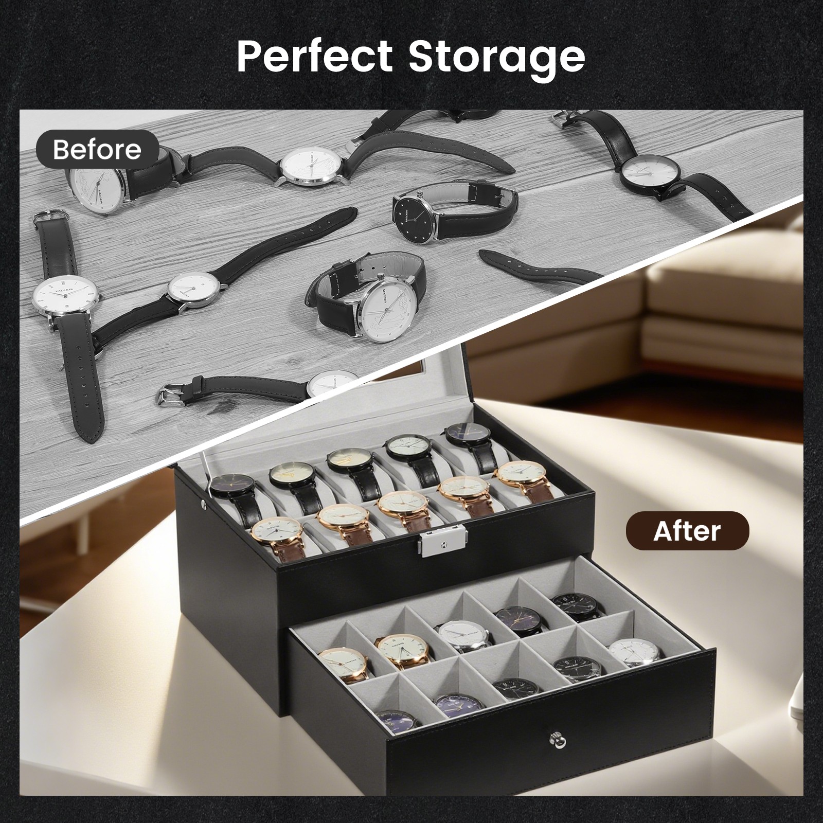 20 Slots Watch Box PU Leather Watch Case Lockable Jewelry Storage Display Case