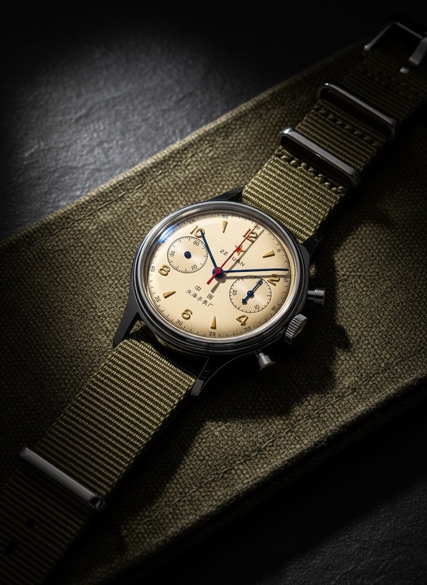 Seagull 1963 Chronograph — ST1901 Manual Wind, Beige Dial, NATO, D304
