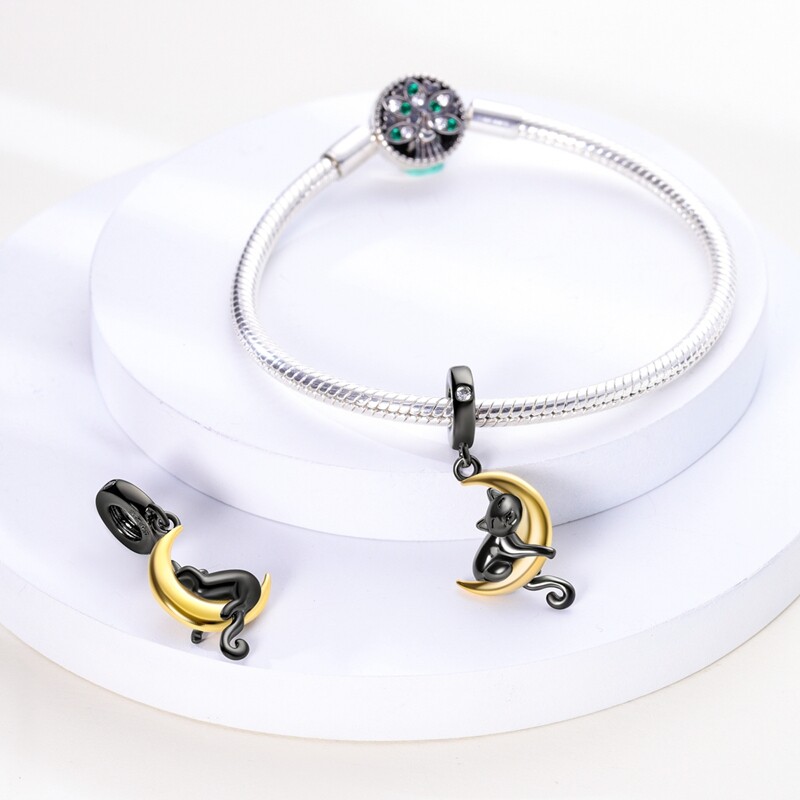 MULA European Silver Plated Charm CZ Enamel Black Cat Moon For Women Bracelet