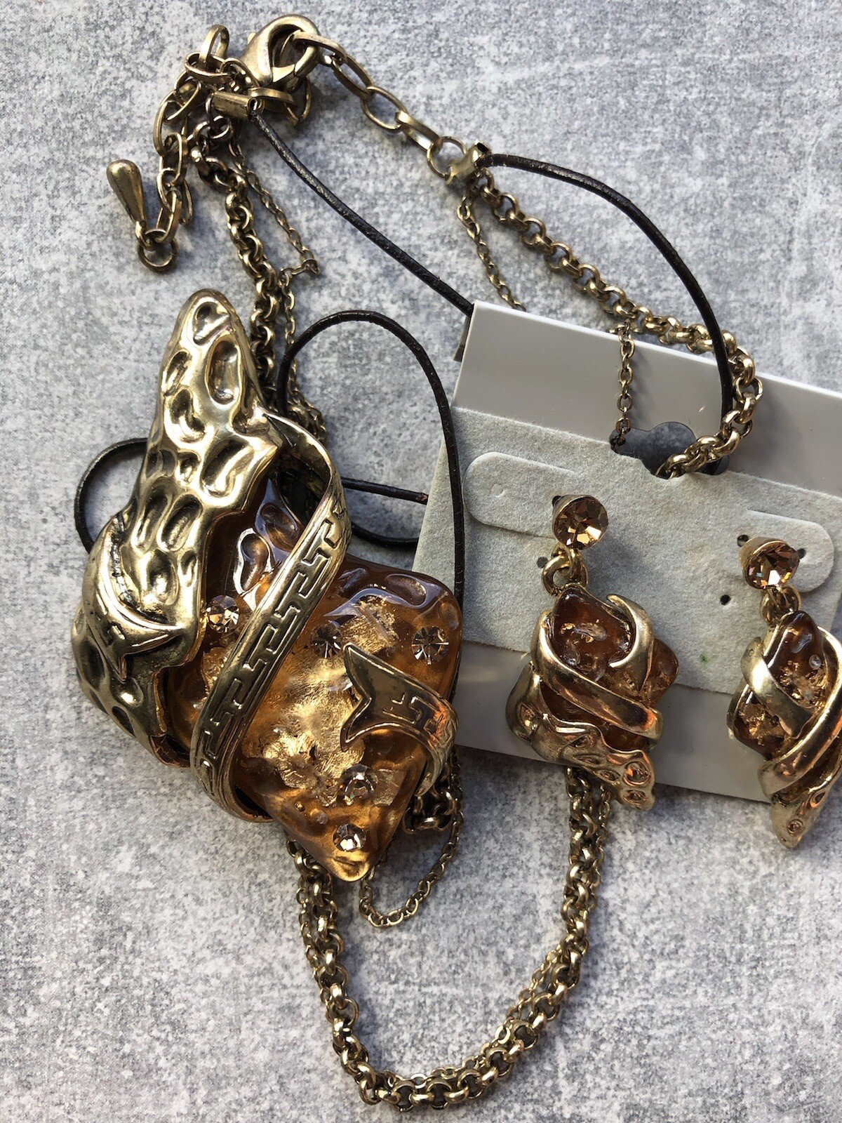 Art Deco Faux Amber Goldtone Greek Key Necklace and Earring Set Free Form