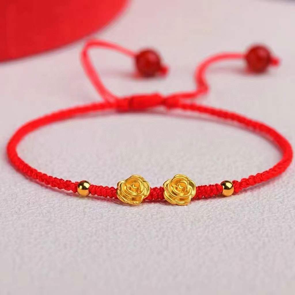 1pcs Pure 24K Yellow Gold Bracelet Women’s Rose Red String Amulet Bracelet