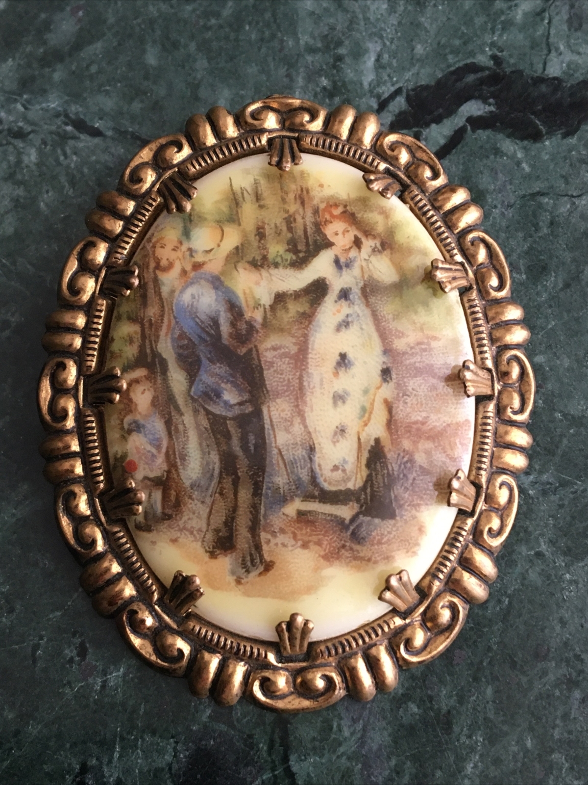 Vintage Oval Fine Porcelain Brooch Pin Gold Tone Metal Frame Signed W. Germany