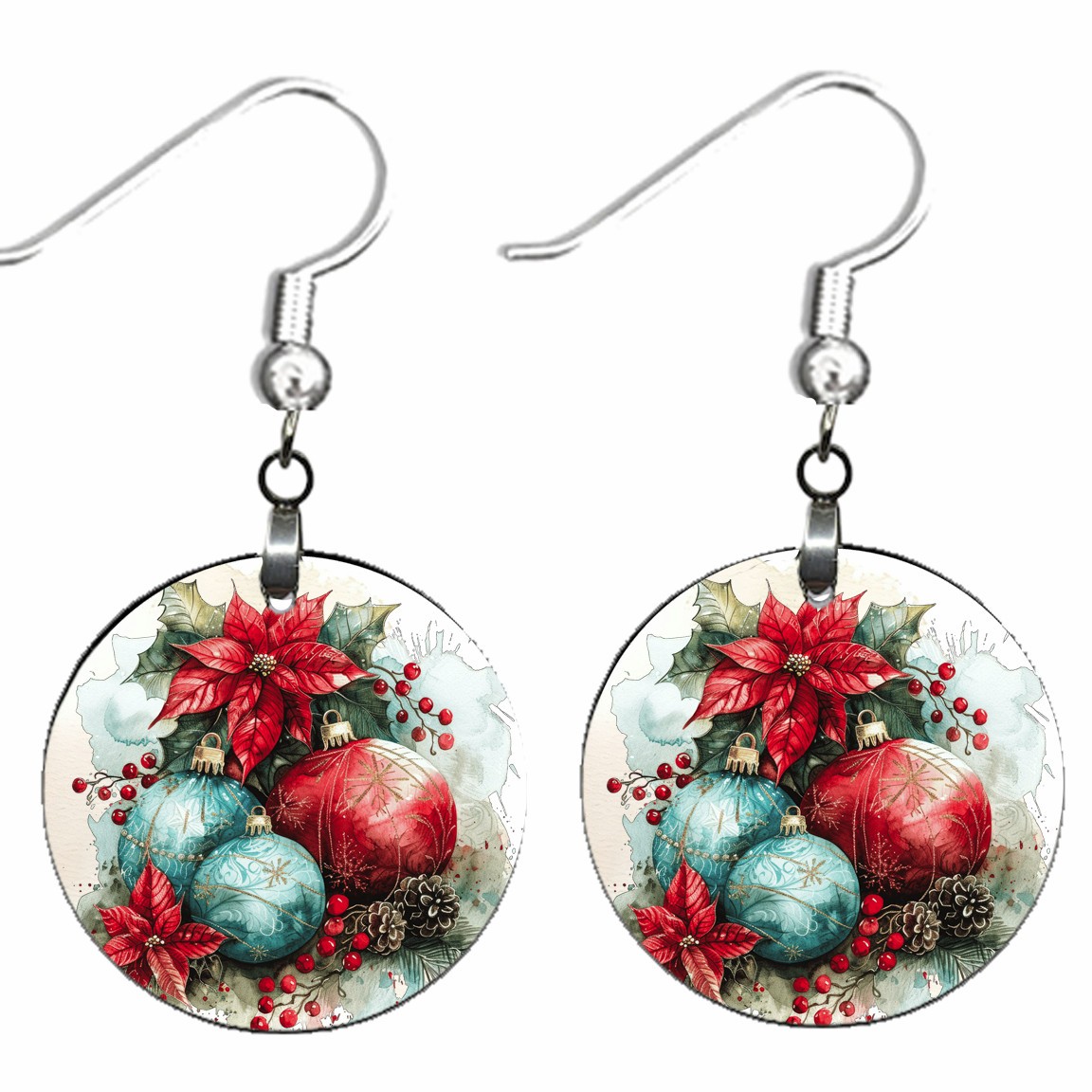 Red Blue Christmas Poinsettias & Baubles Poinsettia Earrings Dangle Xmas Jewelry