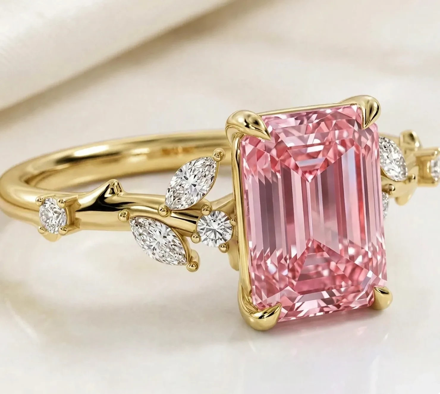 RARE 4.40 Ct Certified Emerald Cut Pink Natural Diamond Ring Yellow Gold Finish