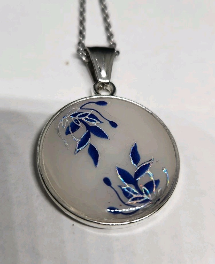 Handmade Resin Necklace – Stainless Steel Chain – Blue Floral Botanical Design