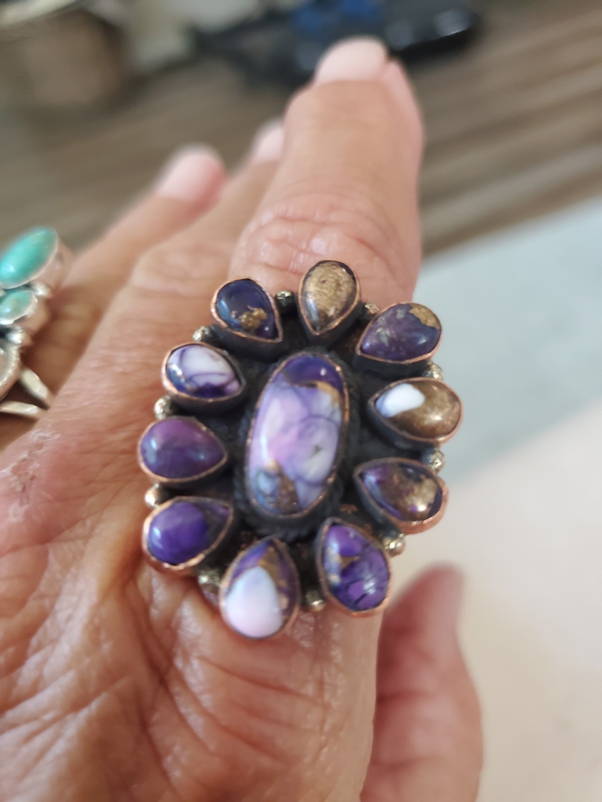 Purple Dahlia Cluster Full Finger Ring Copper Setting 11-Stone Sz Adjustable 7-9