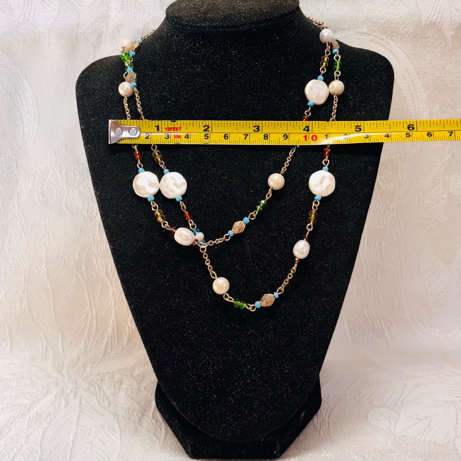 NECKLACE multicolor white acrylic beads real pearl goldtone metal chain long 36″