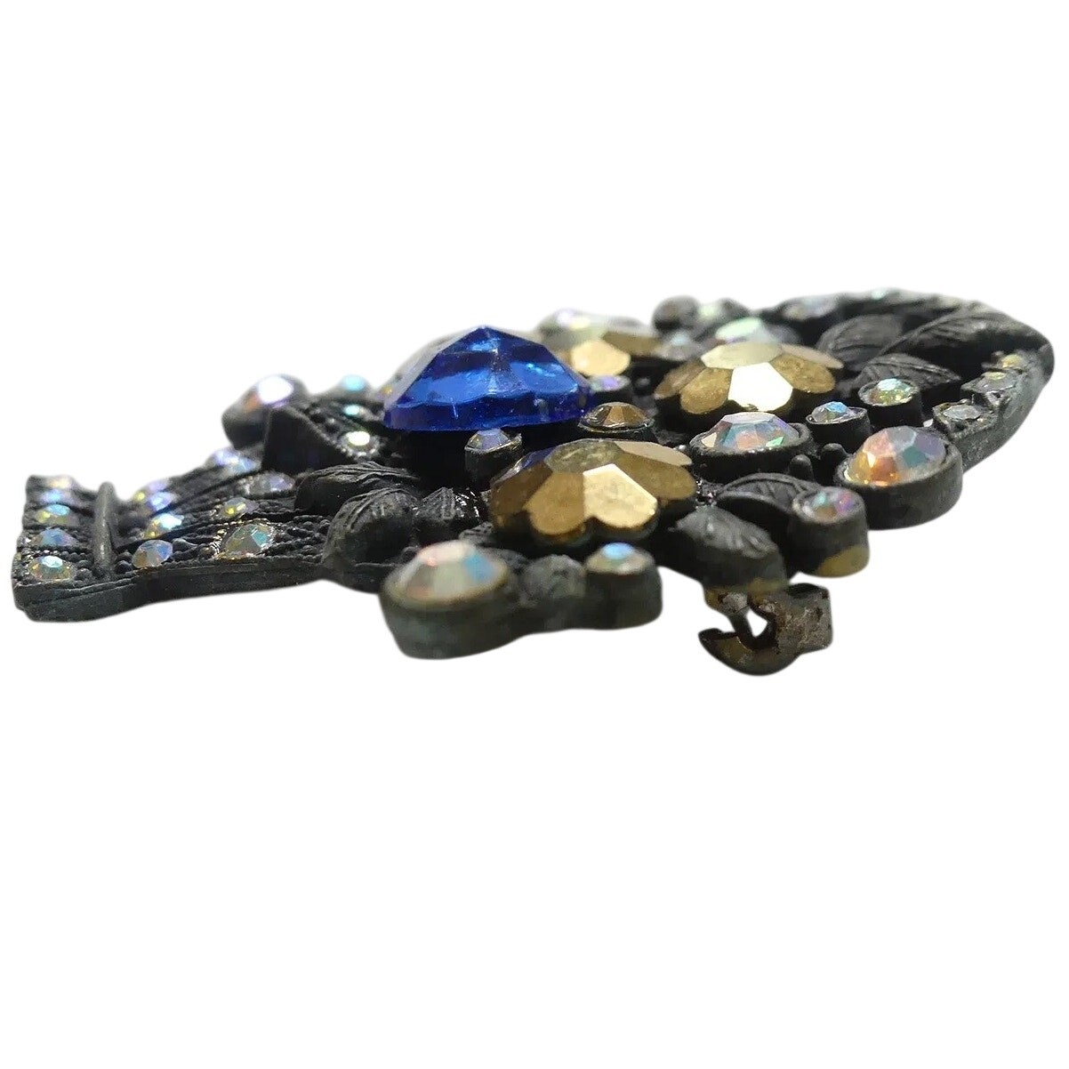 Vintage Mid Century Flower Basket Brooch with Cobalt, Aurora Borealis Rhinestone