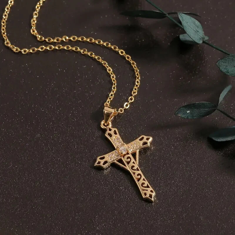Exquisite Hollow Pattern Infinity Cross Pendant Necklace Girls Cubic Zircon Gift