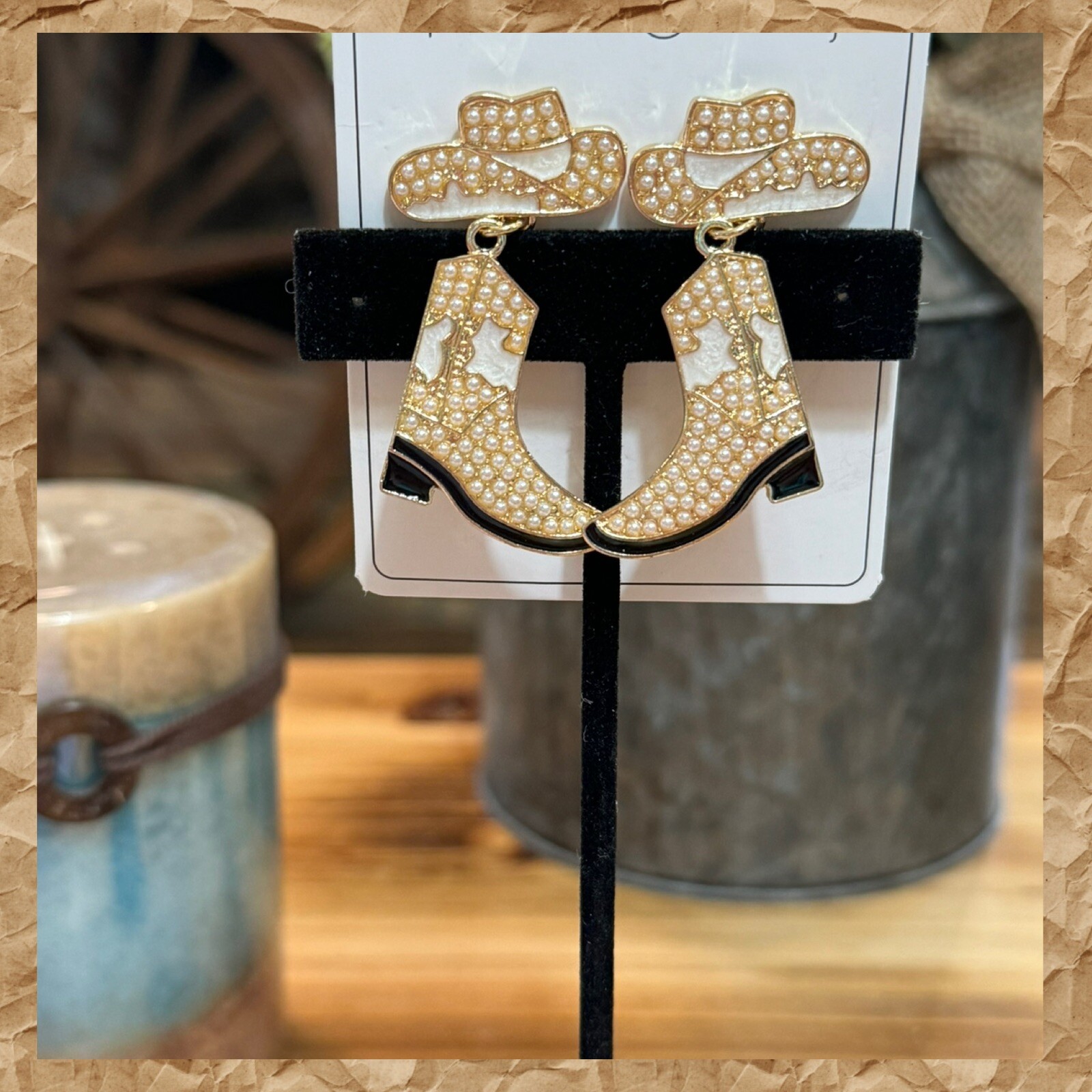 Western Style Post Back White Dangle Cowboy Hat And Boot Earrings W/ Pearls